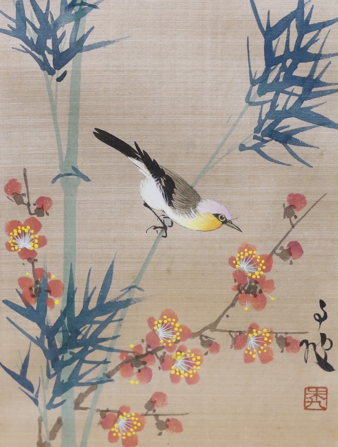 20th century Chinese School, pair of gouaches on silk, Birds on bamboo and Chrysanthemums, signed, 20 x 15cm